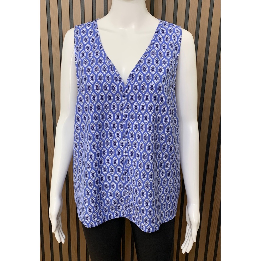 J.Crew Blue White Geometric Medallion V-Neck Button Front Sleeveless Blouse L